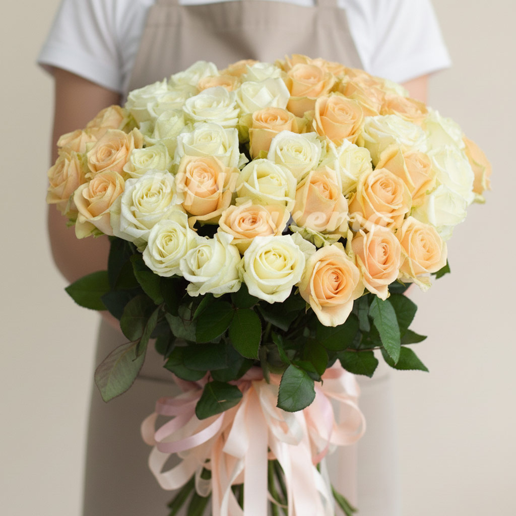 Букет из 51 белой и персиковой розы