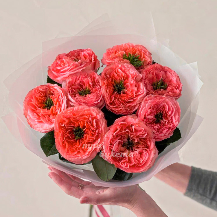 Букет из 9 пионовидных роз Мандарин (вид сверху)